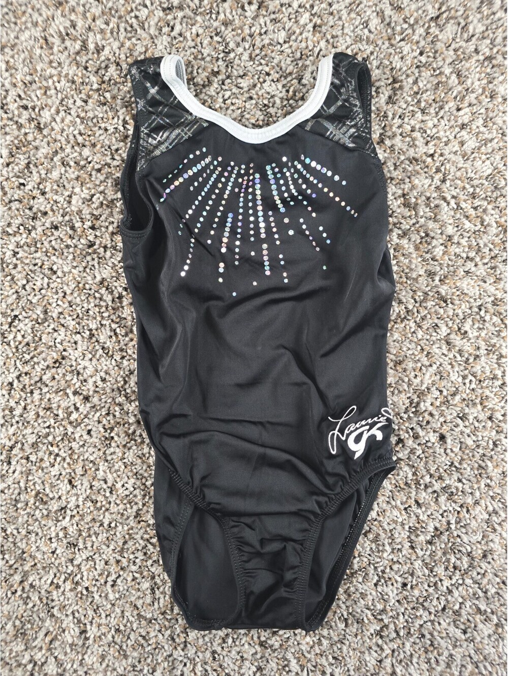 GK elite Girls Sz M Gymnastics Dance Leotard Black White Silver Shiny